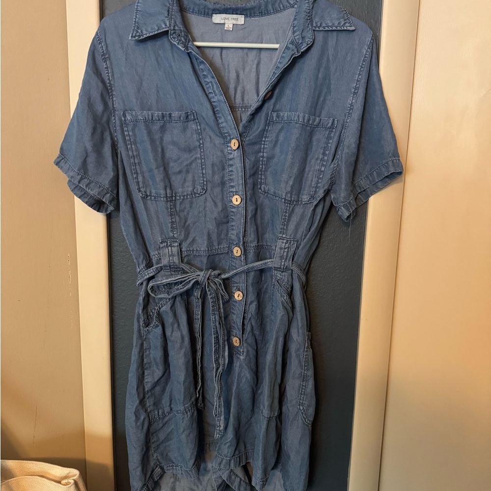 Love Tree Blue Chambray Button-Front Romper